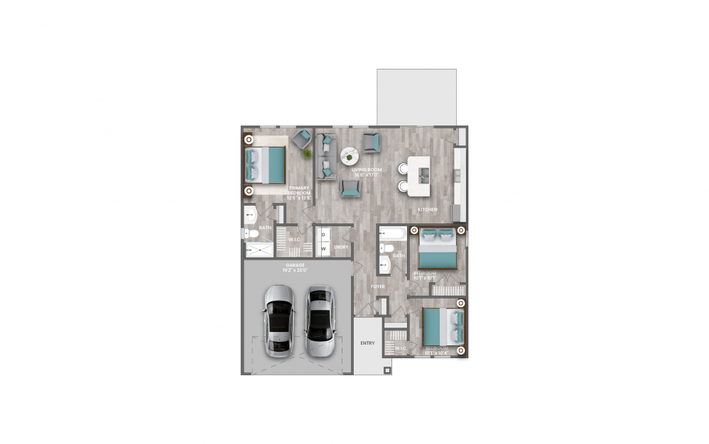 The Cattail - 3 bedroom floorplan layout with 2 baths and 1262 square feet.